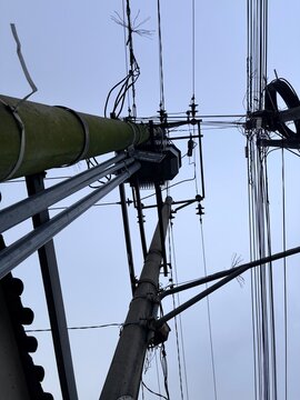 Electric pole with high voltage cable. Electric pole. High qua