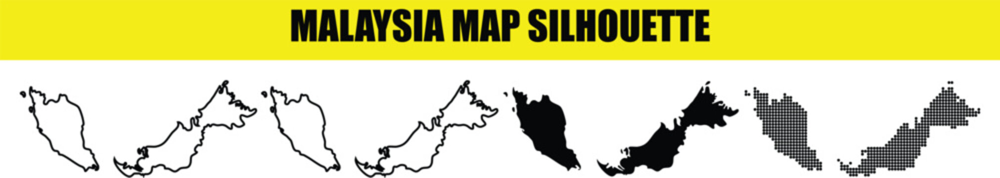 Malaysia map silhouette graphic pack featuring solid fill and halftone dot patterns for creative travel brochures.
