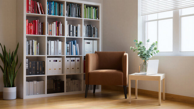 Cozy reading nook with armchair, bookshelf filled with books, and side table laptop