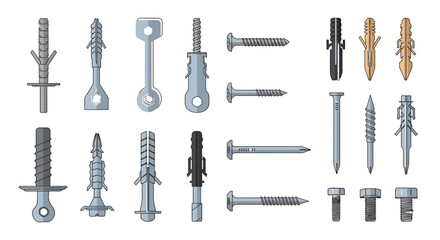 Assorted fasteners and wall anchors illustrated in a detailed colorful arrangement © Saidul_Studio1984