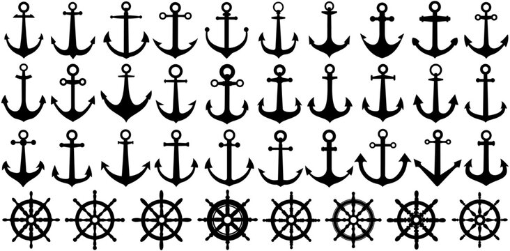 set vector anchor symbol ship wheel icon collections.  nautical logo. marine sign template design illustration