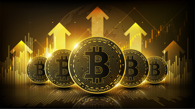 Bitcoin cryptocurrency coins with rising arrow and glowing chart showing price surge market growth and digital investment success concept, vector illustration