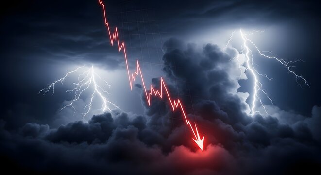 Red downward market arrow through storm clouds crisis concept