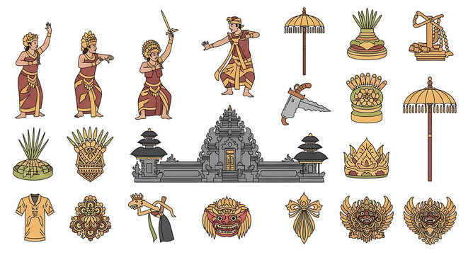 Traditional Bali dance and religious offering vector collection