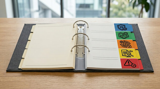 Open binder notebook on wooden desk with blank paper and colorful tab divider on metal ring creating highly organized productive calm office atmosphere for focused study and daily planning