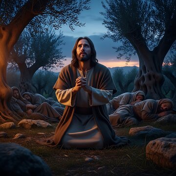 A man, Jesus Christ, praying in Gethsemane garden with his disciples sleeping in background. Passion Thursday, biblical story concept.
