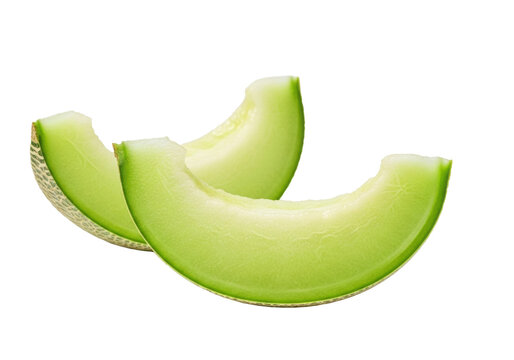Two fresh honeydew melon slices, vibrant green flesh, textured rind, juicy, glistening, white background, copy space, soft high-key light, healthy fruit concept