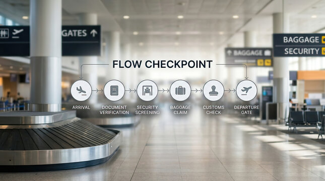 Modern empty airport terminal baggage claim area displaying efficient travel flow checkpoint icon graphic featuring security document border control departure step creating calm organized mood