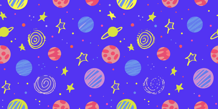 Colorful space pattern featuring planets stars and swirling galaxies
