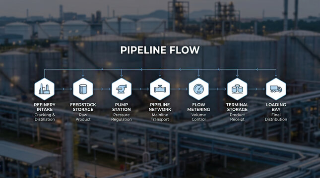 Efficient and organized industrial infographic displaying pipeline flow process through network from refinery to storage. Professional view of petroleum supply chain and distribution stages