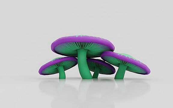 Vibrant Neon Tropical Mushrooms with Green and Purple Glow, Minimal White Background Art