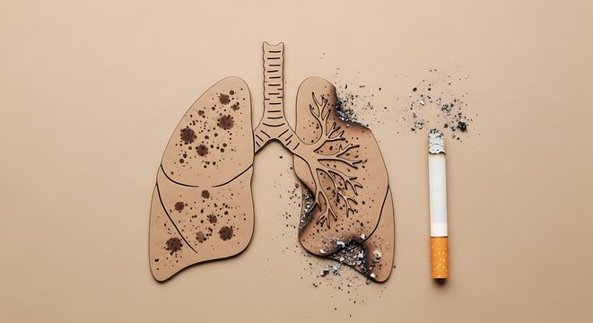 Cardboard cutout of lungs with spots and cigarette ash on beige background