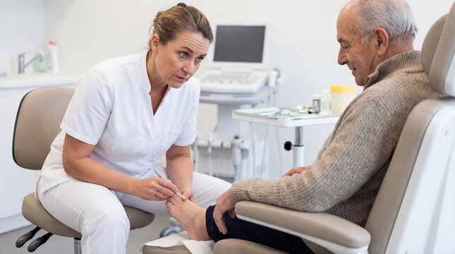 Gloved medical specialist with an attentive mood dressing a heel wound against a sterile hospital table backdrop
