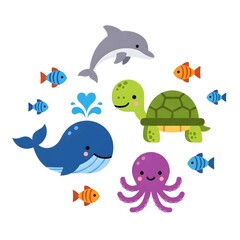 Fototapeta premium Cute cartoon sea animals including a whale, dolphin, turtle, octopus, and fish, arranged in a circle on a white background, perfect for children's illustrations.