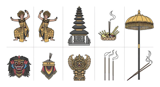 Traditional Bali travel elements with incense and ceremony offerings