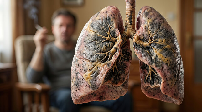 Damage to diseased lungs in foreground with blurred sad regretful man holding smoking cigarette in background showing severe organ cancer danger and unhealthy addiction consequence