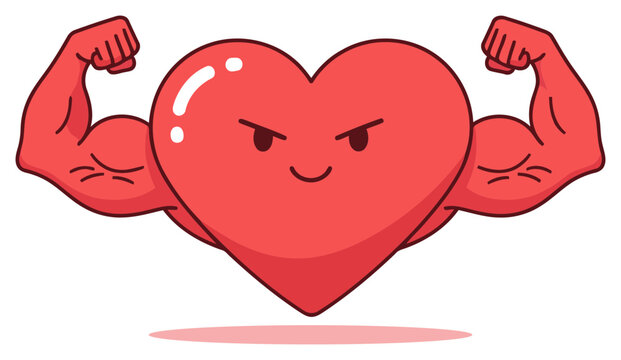 Strong heart character flexing muscles in cute flat vector illustration style design