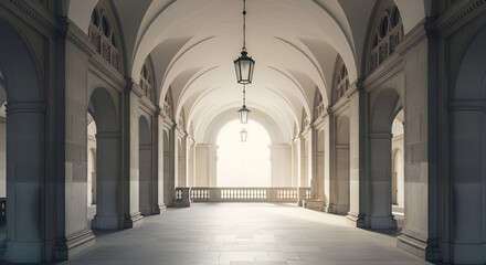 Obraz premium Arched stone corridor in historic building, natural light illuminates hallway, ornate architecture, elegant and timeless, perfect for travel or historical concepts