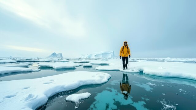 Explorer in yellow jacket walking on floating ice floes in arctic land