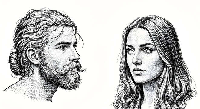 Man and woman profiles, sketch style portrait, vintage illustration, close up faces, side view, textured, ink drawing, diverse people, detailed features, artistic representation