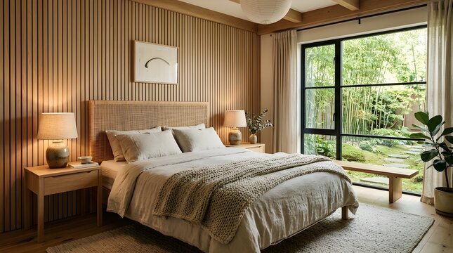 Luxury Japandi Bedroom with Vertical Wood Slat Wall and Garden View