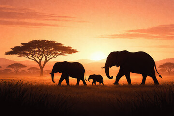 Fototapeta premium Elephant family walking at golden hour African savanna sunset silhouette