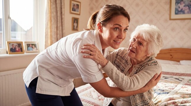 Attentive young caregiver with supporting mood lifting elderly woman from bed against cozy domestic bedroom background