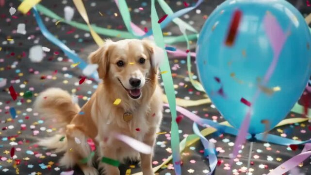 Summer Happy Golden Retriever Celebrating with Balloons and Confetti