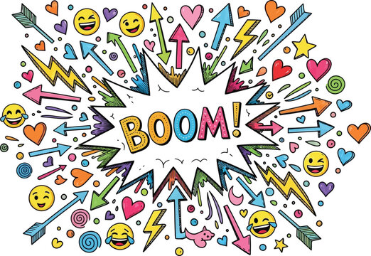 Colorful doodle explosion with 'boom ' text whimsical and energetic design