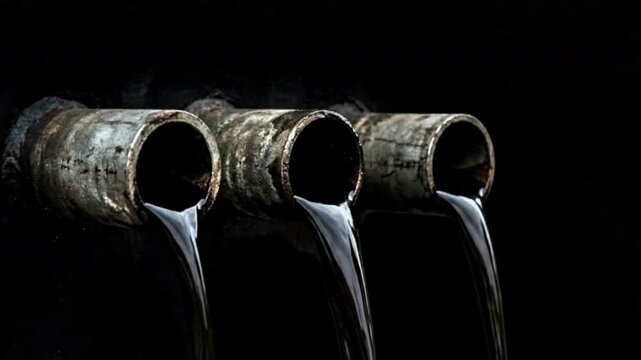 Video, close-up, illustration of the oil industry featuring three flowing pipes, crude oil, energy, and a mining background
