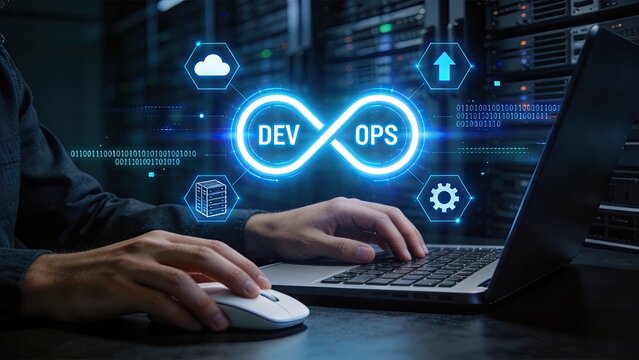 DevOps concept with glowing infinity symbol in server roomdeveloper hands on laptop keyboard and mousecloud computing iconssoftware development lifecycleIT infrastructure