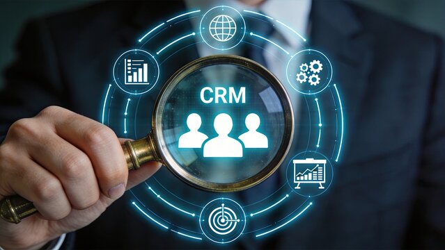 Businessman using a magnifying glass to analyze CRM customer relationship management data on a virtual holographic interface focusing on sales strategy client retention marketing