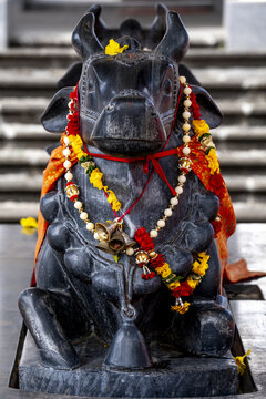 Maheswarnath Mandir hindu temple, Triolet, MauritiusNandi bull murthi with garland offerings