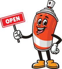Fototapeta premium Cartoon spray paint mascot holding an open sign