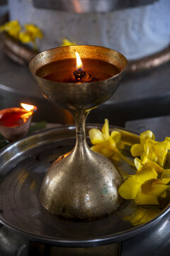 Oil lamp offered to murthi in Maheswarnath Mandir hindu temple, Triolet, Mauritius