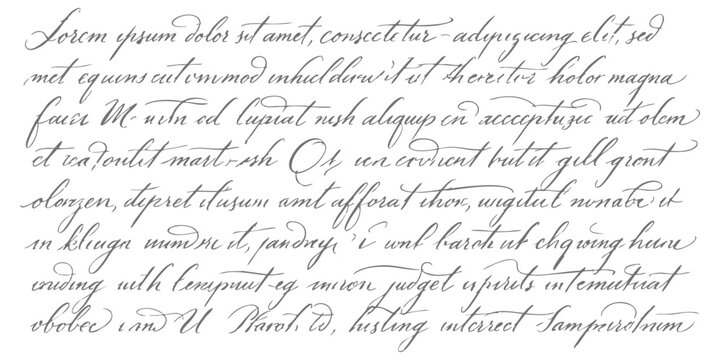 Elegant vintage calligraphy script text block featuring dummy lorem ipsum placeholder content in black ink vector illustration