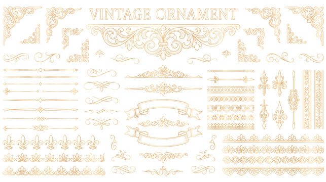 Large set of vintage ornament ribbons and floral borders in gold foil.