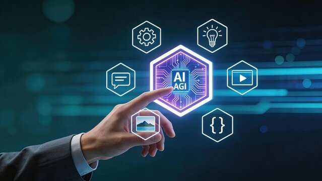 Businessman interacting with futuristic AI interface AGI concept artificial intelligence technology digital innovation smart automation neural network machine learning data