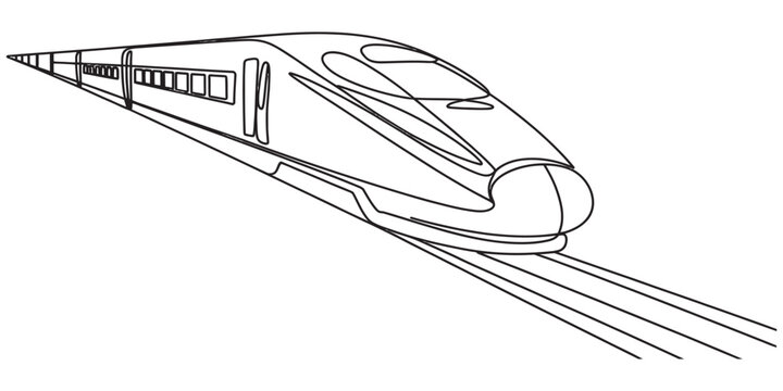 A simple black and white line drawing of a modern high speed bullet train moving along the track Vector, illustration