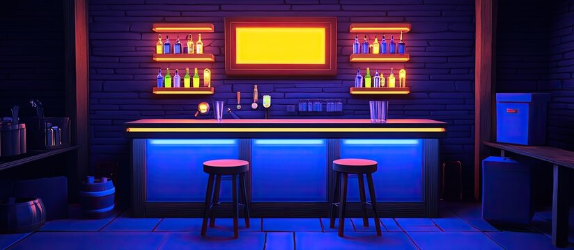 Neon-Lit Bar Interior with Stools, Bottles, and Glowing Frame, Night Scene.