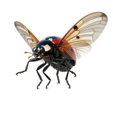 vibrant red and black ladybug with open wings isolated on transparent background