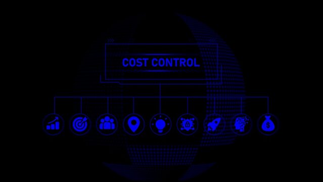Blue silhouette of a man holding a sign that reads c o s t c o n t r o l with various