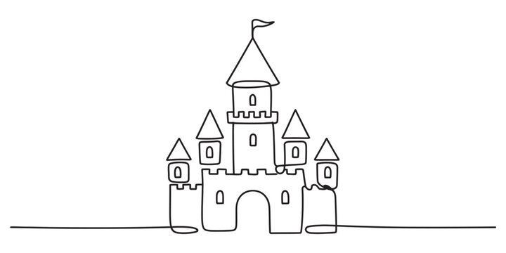 A minimal black and white continuous line drawing of a majestic fairy tale castle with towers. Vector, illustration