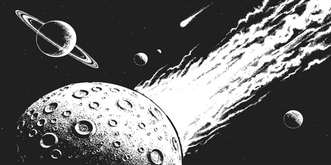 Black and white space illustration featuring a cratered moon with a comet tail and distant planets vector © ZenVectors