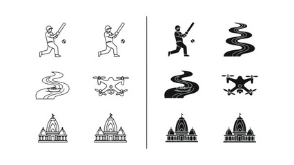 Obraz premium Contrasting styles of illustrations depicting cricket, flight paths, and landmarks