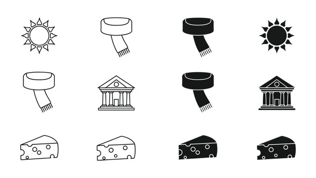 Contrast between light and dark versions of various icons in a grid layout