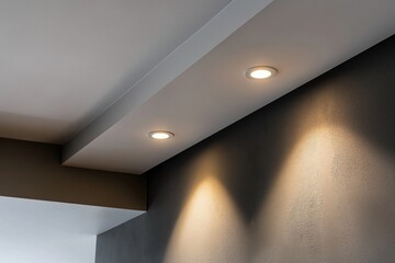 Obraz na płótnie Canvas Recessed lighting installation with warm spotlights casting light on a gray textured wall, creating a contemporary interior atmosphere