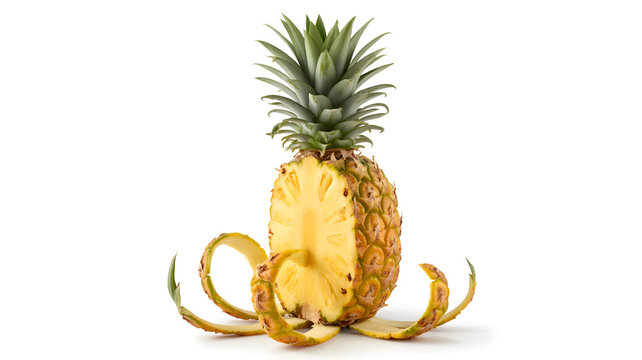 Fresh ripe pineapple with sliced pieces isolated on white background showing a sweet tropical fruit ready to eat