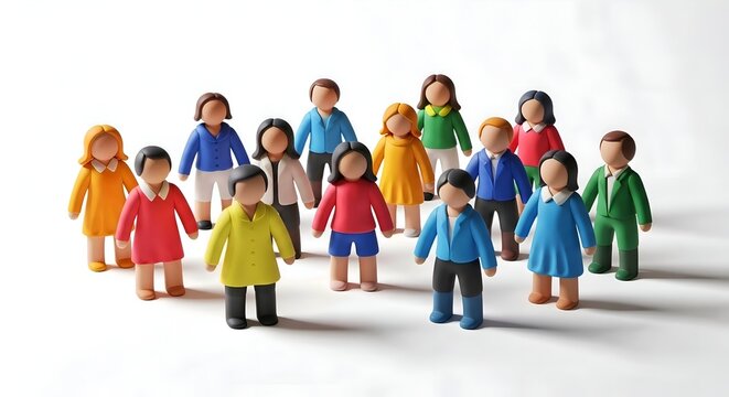 Global Team of Plasticine Figures: Miniature diverse people figures representing human capital and international workforce.