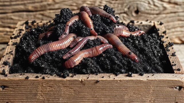 Closeup of Earthworms Crawling in Rich Soil in a Wooden Planter Box.